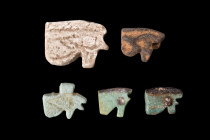 Ca. 664-30 BC.
A collective group of five eye of Horus amulets, also called wedjat eyes, with fine details, notched eyebrows. The amulet is horizontal...