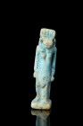 Ca. 664-332 BC.
An Egyptian amulet of the goddess Taweret made from turquoise faience. She is depicted typically as a hippopotamus, complete with pend...