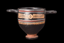 Ca. 300 BC.
A pottery skyphos features an attractive black glaze encompassing its body, and transitions to an unglazed lower section that tapers down ...