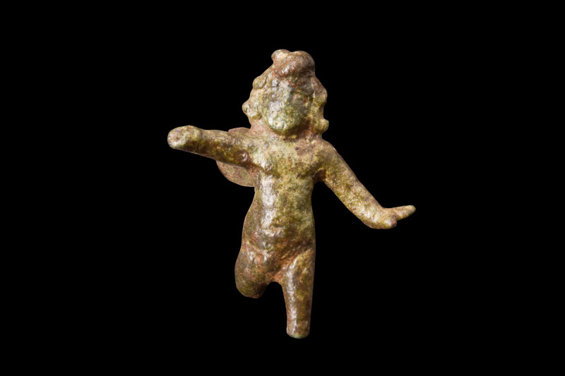 Ca. 1-200 AD.
A bronze figurine depicting Eros with a distinctive chubby body, a...
