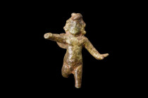 Ca. 1-200 AD.
A bronze figurine depicting Eros with a distinctive chubby body, a prominent symbol of youthful innocence and fertility. Rendered in a s...