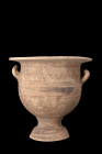 Ca. 350-300 BC.
A finely modelled pottery krater with a large, rounded body, providing ample space for the containment of liquids or other substances....