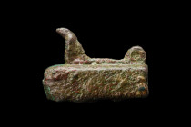 Late Period - Ptolemaic Period, ca. 664–30 BC.
A bronze oblong, rectangular coffin, elevated by the imposing presence of a serpentine deity, in the fo...