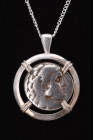 Ca. 295-275 BC.
A silver coin/tetradrachm of Alexander the Great within a modern handmade circular sterling silver setting. The coin shows on the obve...