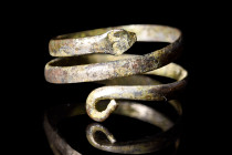 Ca. 1st century BC - 1st century AD.
A bronze ring fashioned into the form of a coiled serpent. The ring is crafted from a single piece of bronze wire...