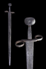 Ca. 1300 AD.
An iron sword features a parallel double-edged blade, exhibiting a combination of strength and versatility in combat. The blade is charac...