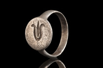 Ca. 1100-1400 AD.
A silver finger ring of elegant simplicity boasts a flat-section hoop that encircles the finger with an understated grace. At the he...
