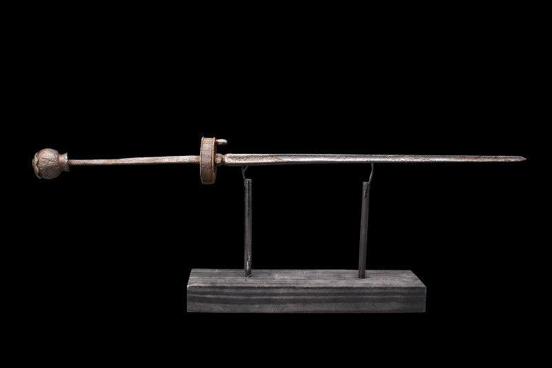 Ca. 1300-1400 AD.
A fine rondel dagger made from iron with the signature disc-sh...