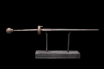 Ca. 1300-1400 AD.
A fine rondel dagger made from iron with the signature disc-shaped guard and pommel. The blade is long and slim with a double edge t...