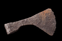 Ca. 900-1100 AD.
An iron axe head with curved cutting edge that slightly extends below the width of the butt, exhibits a design that offers unique fun...