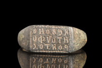 Ca. 600-800 AD.
A religious bronze ring commences with a round hoop that graces the finger with an unassuming embrace. The gradual expansion of the ho...