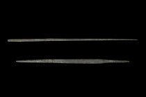 Western Asiatic/Aegan, ca. 1200-700 BC.
A pair of bronze spearheads, each with elegantly shaped, slender blades. The blades culminate in a sharp, poin...