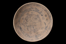 Ca. 3000-2500 BC.
A terracotta bowl with its substantial size, flaring, and deep body resting upon a flat base. While the exterior surface remains imp...