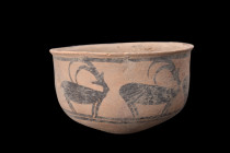 Ca. 3000-2500 BC.
A terracotta bowl characterized by its simple form, with straight walls that gently taper towards a rounded base, and a rim that pos...