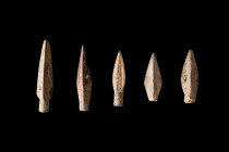 Ca. 525-330 BC.
A group of five bronze arrowheads represents an intriguing assemblage of projectile points. These arrowheads showcase a distinctive tr...