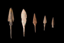 Western Asiatic/Aegan, ca. 1000-500 BC.
A group of five bronze spearheads. Each spearhead boasts its own distinct characteristics, contributing to the...