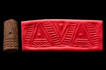 Ca. 3000 BC.
A brown stone cylinder seal with linear pattern of triangles with a dot in each. Good condition. Accompanied by a signed scholarly note b...