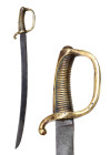 Ca. 1800 AD.
Brass hilt with D-shaped guard with ribbed handle, the guard has stamped with inspection marks "P" and "D", curved single-edged blade, st...