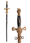 Ca.late 19th century AD.
Brass knight-helmet-shaped pommel and cross guard featuring a Knights Templar Sherwood Forest (KSF) monogram, wood grip with ...