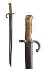 Ca. 1866 AD.
A French Chassepot rifle bayonet Mod.1866. The bayonet has a “yataghan” blade. The hilt is ribbed brass, and the sheath is steel. The cro...
