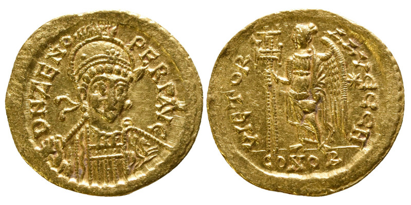 AD 476-491.
Zeno Av. solidus, Constantinople. D N ZENO-PERP AVG; facing helmeted...