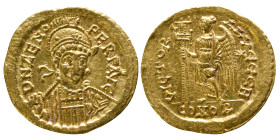 AD 476-491.
Zeno Av. solidus, Constantinople. D N ZENO-PERP AVG; facing helmeted and cuirassed bust, holding shield, spear behind. Rev. VICTORI-A AVGG...
