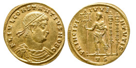 AD 332-333.
Constantine II as Caesar Av. solidus, Thessalonica. CONSTANTINVS IVN NOB C; diademed, draped and cuirassed bust to right. Rev. PRINCIPI IV...