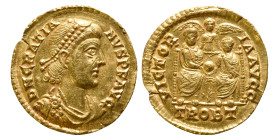 AD mid 373 - April 375.
Gratian Av. solidus. DN GRATIANVS PF AVG; pearl diademed, draped and cuirassed bust right. Rev. VICTORIA AVGG; two emperors en...