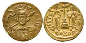 AD 668-685.
Constantine IV Av. solidus, Constantinople. d N C-A-NЧS P; helmeted, diademed and cuirassed bust facing, spear over shoulder, shield on le...