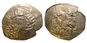 AD 1325-1329.
Andronicus II and III, Joint reign, Av.Ag. hyperpyron, Constantinople. Mary, bust facing within city walls, four castles forming walls, ...