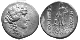 146-86 BC.
Maroneia, Thrace Ar. tetradrachm. Head of young Dionysus right, in mitre & wreathed with ivy. Rev. ΔIONYΣOY ΣΩTHΡOΣ MAΡΩNITΩN; young Dionys...