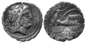 83-82 BC.
Q. Antonius Balbus Ar. denarius serratus. Laureate head of Jupiter right, S C behind. Rev. Victory in quadriga right, control letter below, ...