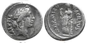 49 BC.
Man Acilius Glabrio Ar. denarius. SALVTIS; head of Salus right. Rev. MN ACILIVS III VIR VALETV; Salus standing left, holding serpent and restin...