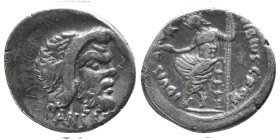 48 BC.
C. Vibius Cf Cn Pansa Caetronianus Ar. Denarius. PANSA; mask of Pan right; pedum behind. Rev. C VIBIVS C F C N behind, IOVIS AXVR before; Jupit...