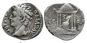 18 BC.
Augustus Ar. denarius, Spanish mint. CAESARI AVGVSTO; laureate head left. Rev. SPQR below domed tetrastyle temple, standard in a chariot within...