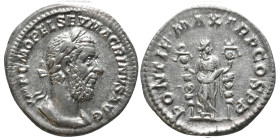 AD 217.
Macrinus Ar. denarius, Antioch. IMP M OPEL SEV MACRINVS AVG; laureate cuirassed bust right. Rev. PONTIF MAX TR P COS PP; Fides standing front,...