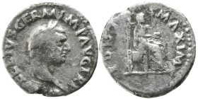 AD 69.
Vitellius Ar. denarius, Rome. A VITELLIVS GERM IMP AVG TR P; head of Vitellius, laureate, right. Rev. PONT MAXIM; Vesta, veiled and draped, sea...