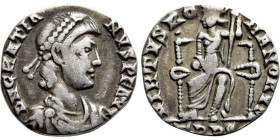 Ca. AD 367-383.
Gratian Ar. siliqua, Treveri. D N GRATIANVS P F AVG; diademed, draped and cuirassed bust right. Rev. VIRTVS ROMANORVM / TRPS; Roma sea...