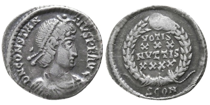 Ca. 358-361.
Constantius II Ar. siliqua, Arelate. D N CONSTAN-TIVS P F AVG; pea...