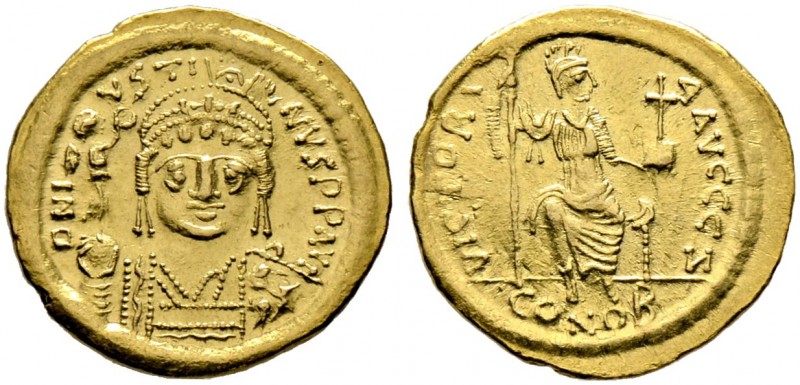 Iustinus II. 565-578. Solidus 567/578 -Constantinopolis-. 9. Offizin. Behelmte P...