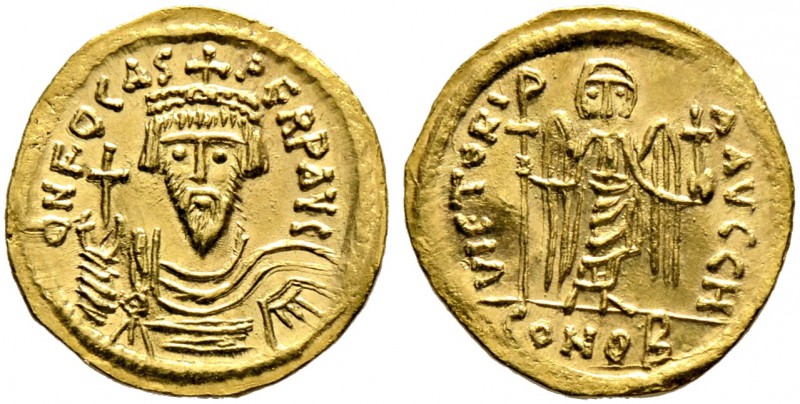 Phocas 602-610. Solidus 603/607 -Constantinopolis-. 8. Offizin. Gepanzerte Büste...
