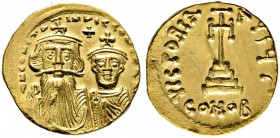 Constans II. mit Constantinus IV. 654-668. Solidus 654/659 -Constantinopolis-. 3. Offizin. Beide gekrönte Büsten von vorn / Stufenkreuz. MIB 26, Somme...