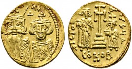 Constans II. mit Constantinus IV. 654-668. Solidus 662/667 -Constantinopolis-. 4. Offizin. Beide gekrönte Büsten von vorn / Stufenkreuz zwischen Herac...