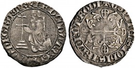 Johanniter auf Rhodos. Dieudonne de Gozon 1346-1353. Gigliato. Nach links kniender Großmeister vor Patriarchenkreuz / Blumenkreuz, die Spitzen jeweils...