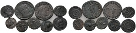 9 Stücke: Römische Kleinbronzen. Caligula, Quadrans (Pileus, 3,32 g); Claudius, Quadrans (Hand über Waage, 2,92 g sowie Dreibeiniger Modius, 2,72 g); ...