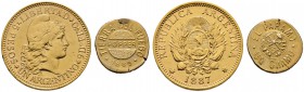 Argentinien. Lot (2 Stücke): 5 Pesos (Argentino) 1887. Libertasbüste. Dazu: (wohl) alte Nachahmung des 1 (Un) Gramo 1889 der Julius Popper-Goldmine vo...