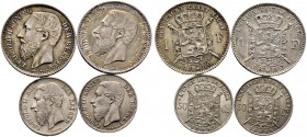 Belgien, Königreich. Leopold II. 1865-1909. Lot (4 Stücke): 50 Centimes 1898 und 1 Franc 1867 mit "DES BELGES" (niederländische Legende) sowie 50 Cent...