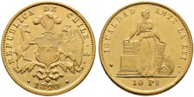 Chile. Republik. 10 Pesos 1870. Stehende Libertas. KM 145, Fr. 45. 13,73 g Feingold (900er) vorzüglich