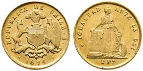 Chile. Republik. 2 Pesos 1874. Stehende Libertas. KM 143, Fr. 47. 2,75 g Feingold (900er) vorzüglich-prägefrisch