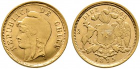 Chile. Republik. 10 Pesos 1895. Libertasbüste mit Kappe. KM 154, Fr. 49. 5,49 g Feingold (917er) prägefrisch